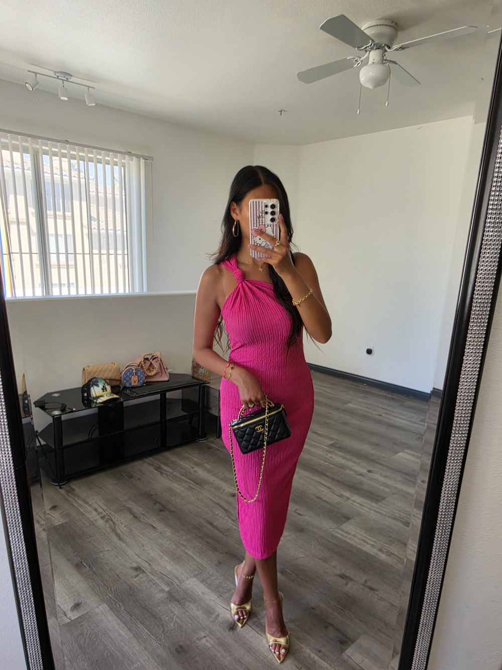 Sleeveless Knot-Shoulder Ribbed Midi Dress - Hot Pink